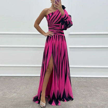 Spring Summer One Off Shoulder Fashion Party Dress, Women Printing Skew Collar Slim Maxi Dress, Long Sleeve Elegant Ladies Dress