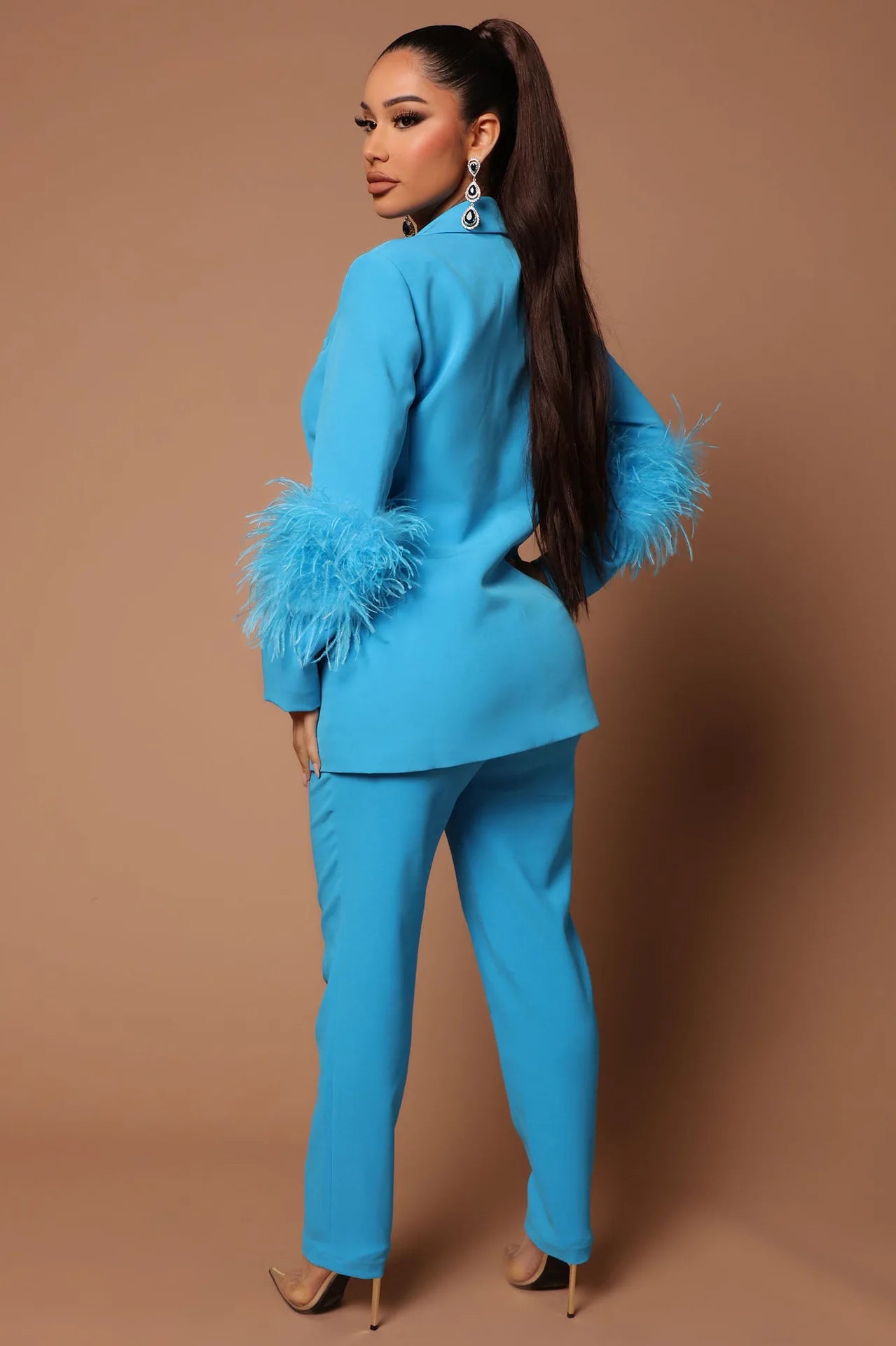 CM.YAYA Vintage Women Fur Hem Long Sleeve Blazer Suit and Pants 2023 Chic OL Fashion Two 2 Piece Set Outfits Basic Tracksuit