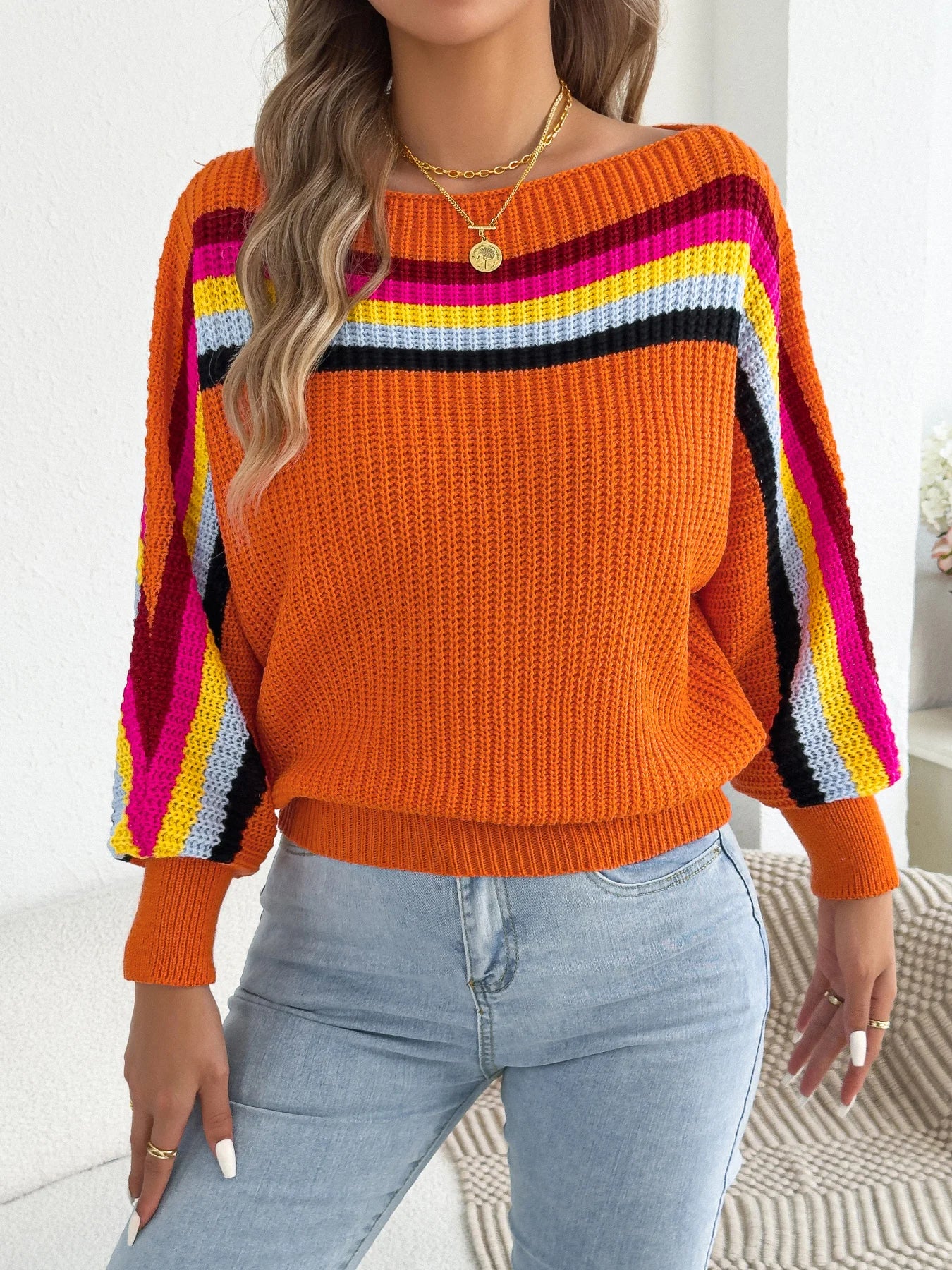 2025 Fashion Contrast Color Striped Sweaters Women Autumn Winter Casual Round Neck Lantern Long Sleeve Knitted Pullover