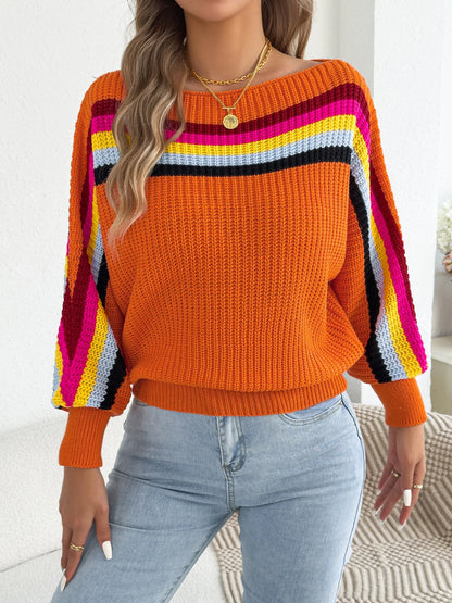 2025 Fashion Contrast Color Striped Sweaters Women Autumn Winter Casual Round Neck Lantern Long Sleeve Knitted Pullover