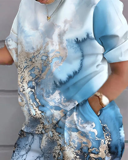 Casual Loose Short Sleeve Tshirt Shorts Set Office Lady Summer Fashion O-neck Colorful Print Two Piece Set Women Outfit 2023