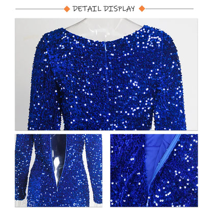 Romagic Elegant Women Modest Stretch Sequin Royal Blue Wedding Prom Gown Long Sleeves Mermaid Formal Evening Party Dress 2025