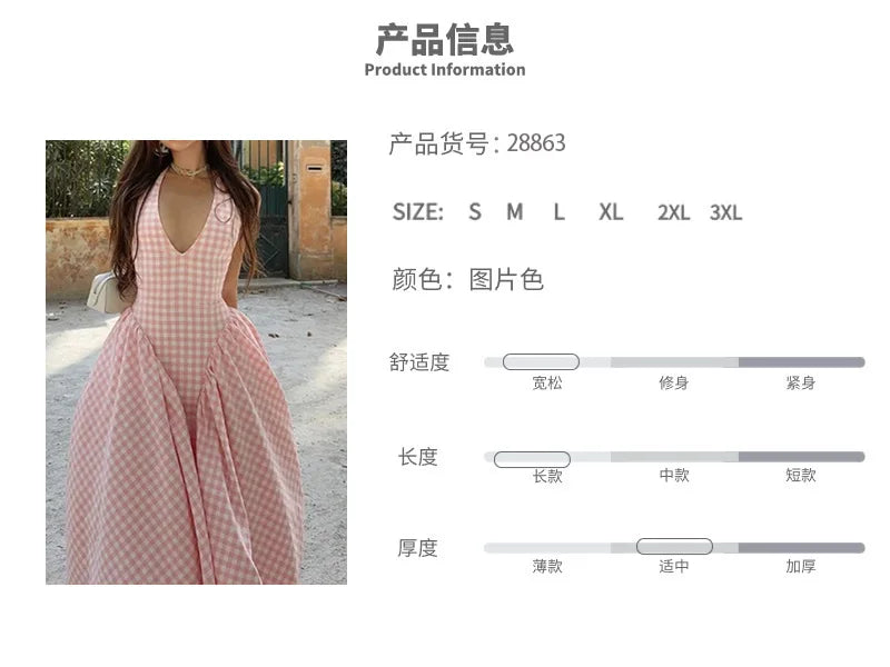 Women's Long Dress Spring Summer 2025 Elegant Hanging Neck V-neck Cinched Waist French Pink Dress Rock Damen Vestido Robe Femme
