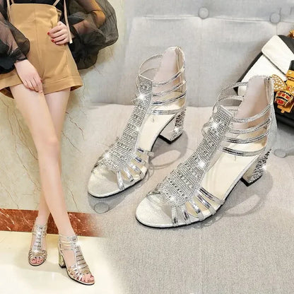 Silver Gold Sandals Peep Toe Chunky Heels New Women Wedding Shoes Ankle Boots Sandal Open Toe High Heels Dress Gold Bling Pump
