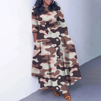 Women's 2024 Autumn New Style Fashionable Elegant Temperament Fashionable Printed Strap Waist Large Skirt Large Size Dress