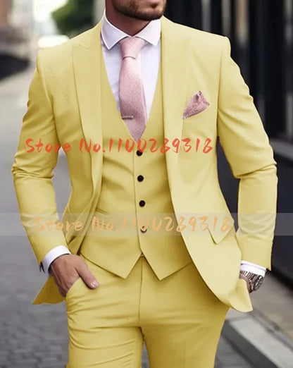 Pink Luxury Men's Suits Terno Formal Outfits 3 Piece Jacket Pants With Vest Slim Fit Luxury Costume Homme Formal Occasion Terno