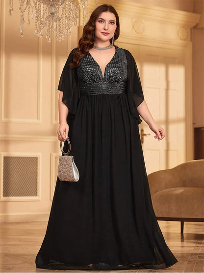 Plus Size V-Neck Black Short-Sleeved Chiffon Summer Evening Dress Bigsize Black Chiffon Floor-Length Bridesmaid Evening Dress