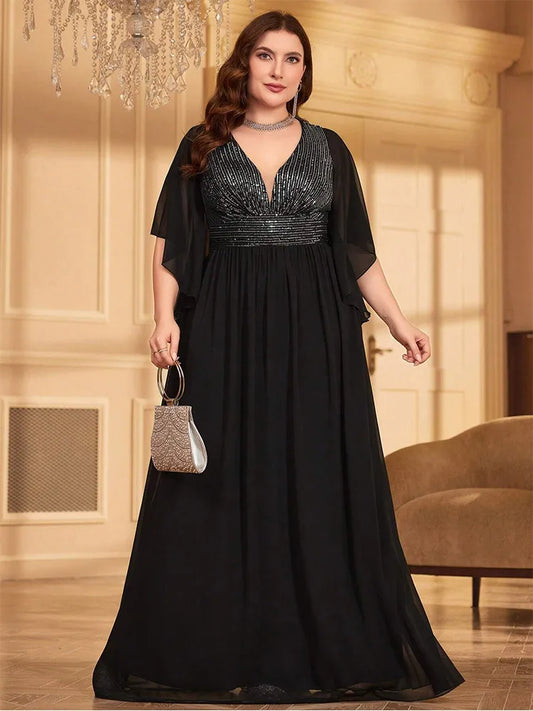 Plus Size V-Neck Black Short-Sleeved Chiffon Summer Evening Dress Bigsize Black Chiffon Floor-Length Bridesmaid Evening Dress