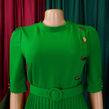 Elegant Office Pleated Dresses for Woman 2024 O Neck Buttons Belt Waisted Mid Calf Fashion Female Business Work Wear Dress Midi