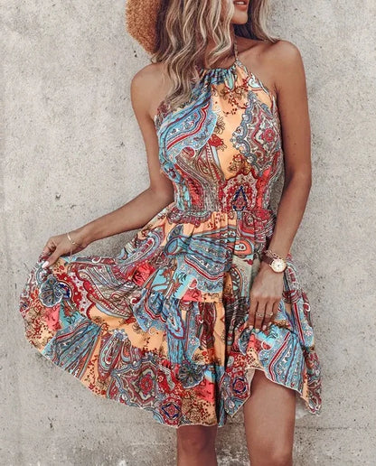 Elegant Floral Pleated H shaped Midi Dress Female V Neck Puff Sleeve Waist Ruched Button Dresses Women Summer Dress