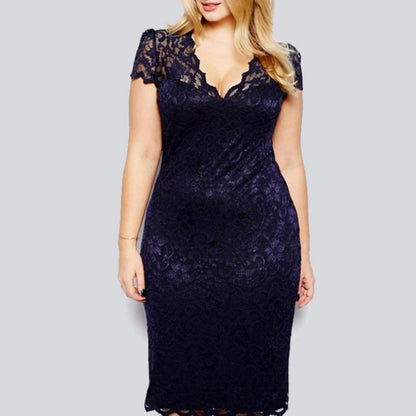 Summer Women See-through Lace Patchwork Mini Dress V-Neck Short Sleeve Slim Fit Plus Size Party Dress Female Clothing