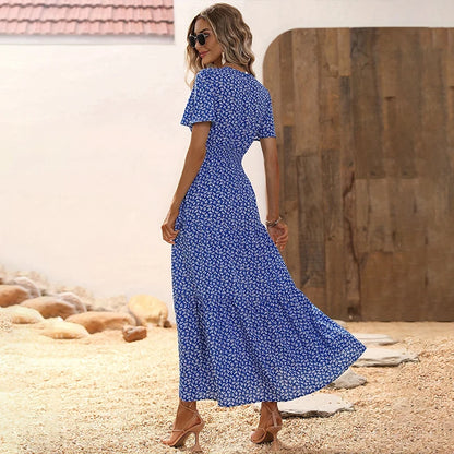 Spring Summer Tierred Dress Women Midi Dresses Female Short Sleeve Elastic Waist Printed Floral Pleated Backless Casual Dress