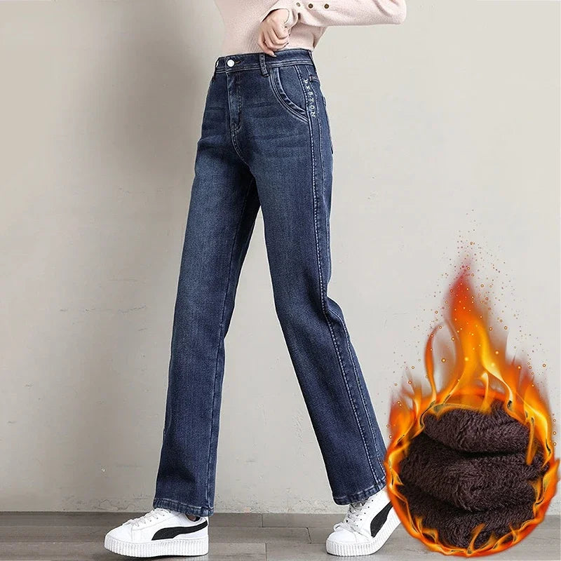 New Winter Thick Warm Fleece Women Straight Jeans Women Classic High Waist Thicken Fashion Warm Denim Pants Retro Cowboy Trouser