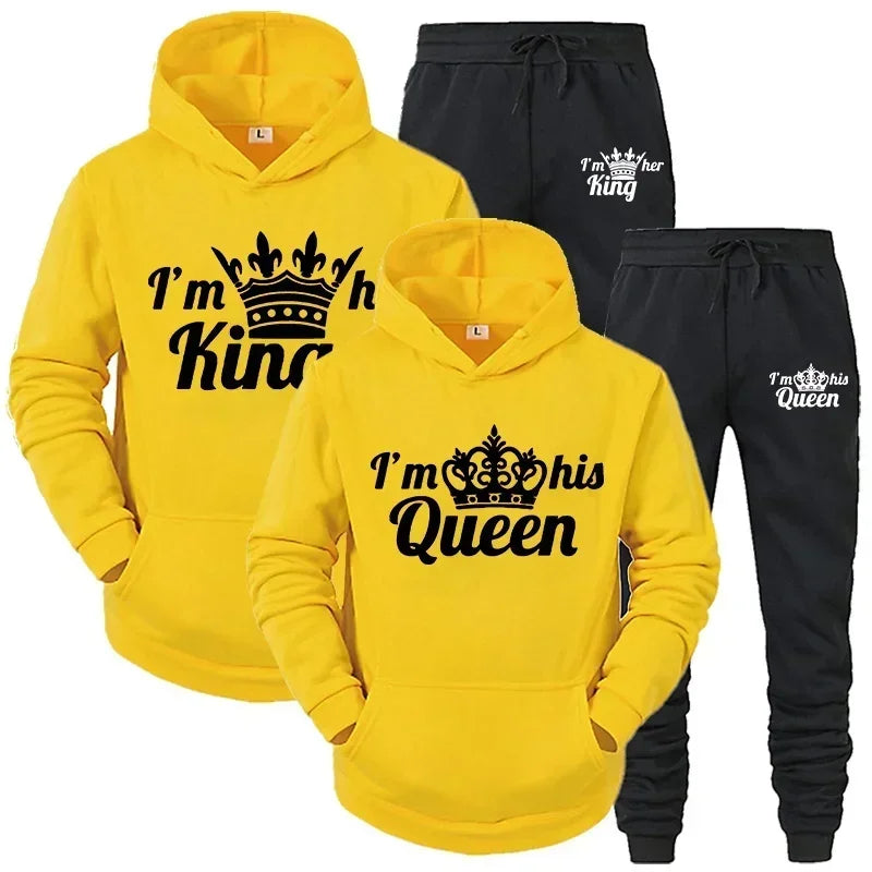 Lover Tracksuit Hoodies Printing QUEEN KING Couple Sweatshirt Hooded Clothes Hoodies Women 2 Piece Set Men Women Sportwear