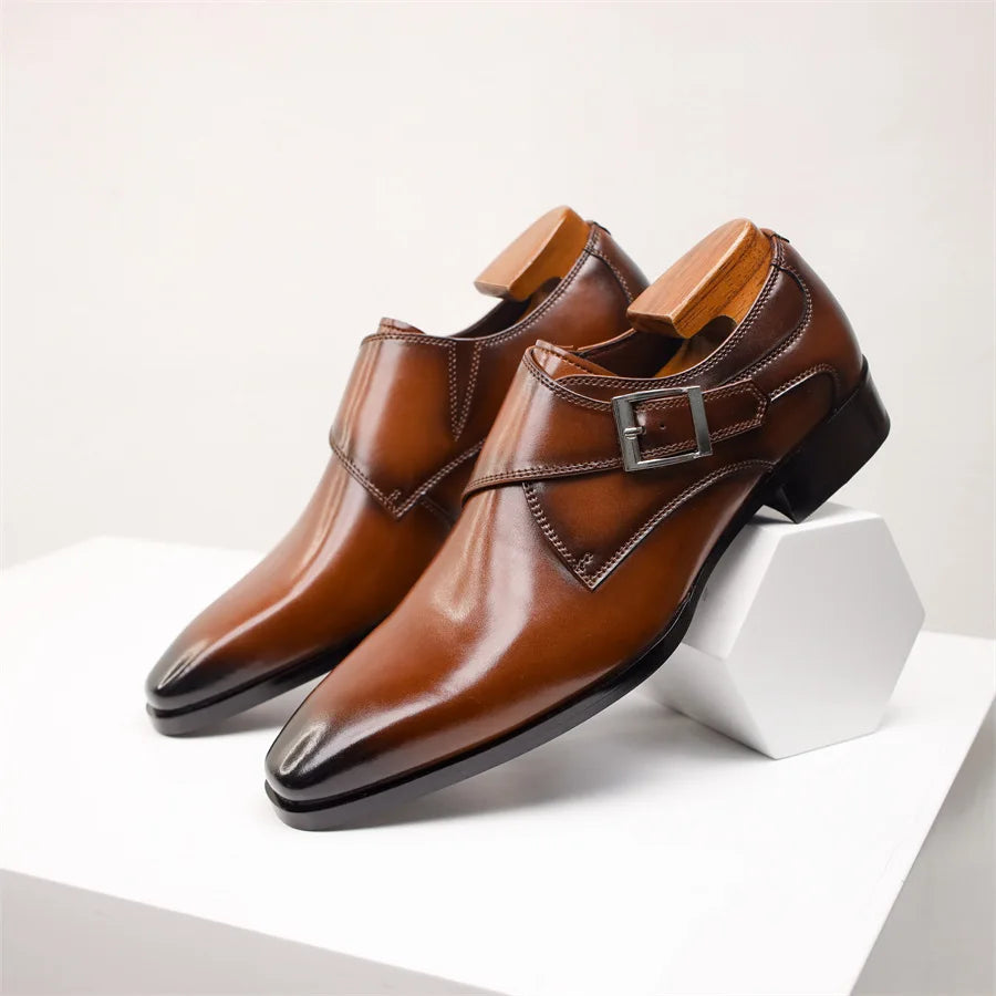 Newest Men's Cow Leather Shoes Buckle Pointed Dress Shoes Men Classic Business Formal Social Office Party Wedding Shoes