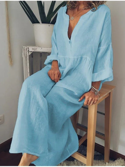 New in Spring Elegant Long Dresses for Women Long Sleeved V-neck Fashion Summer Dresses 2024 Loose Retro Female Clothing Robe