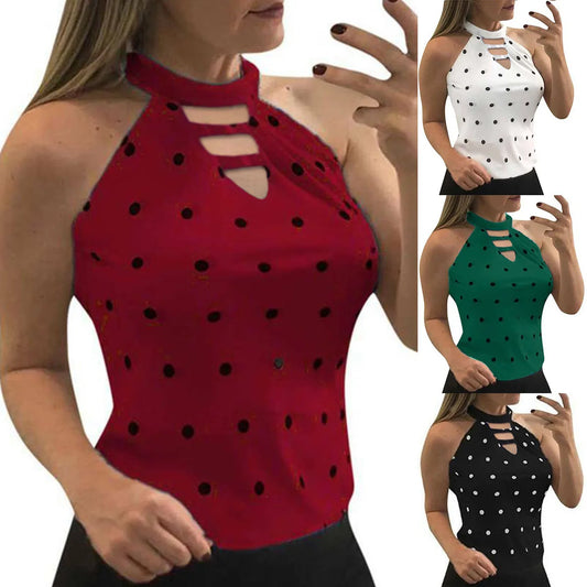 Summer T Shirt Women 2023 New Wave Point Printed Spot Female Neck Halter Sleeveless Female Tee Tshirts Dropshipping AYJ046
