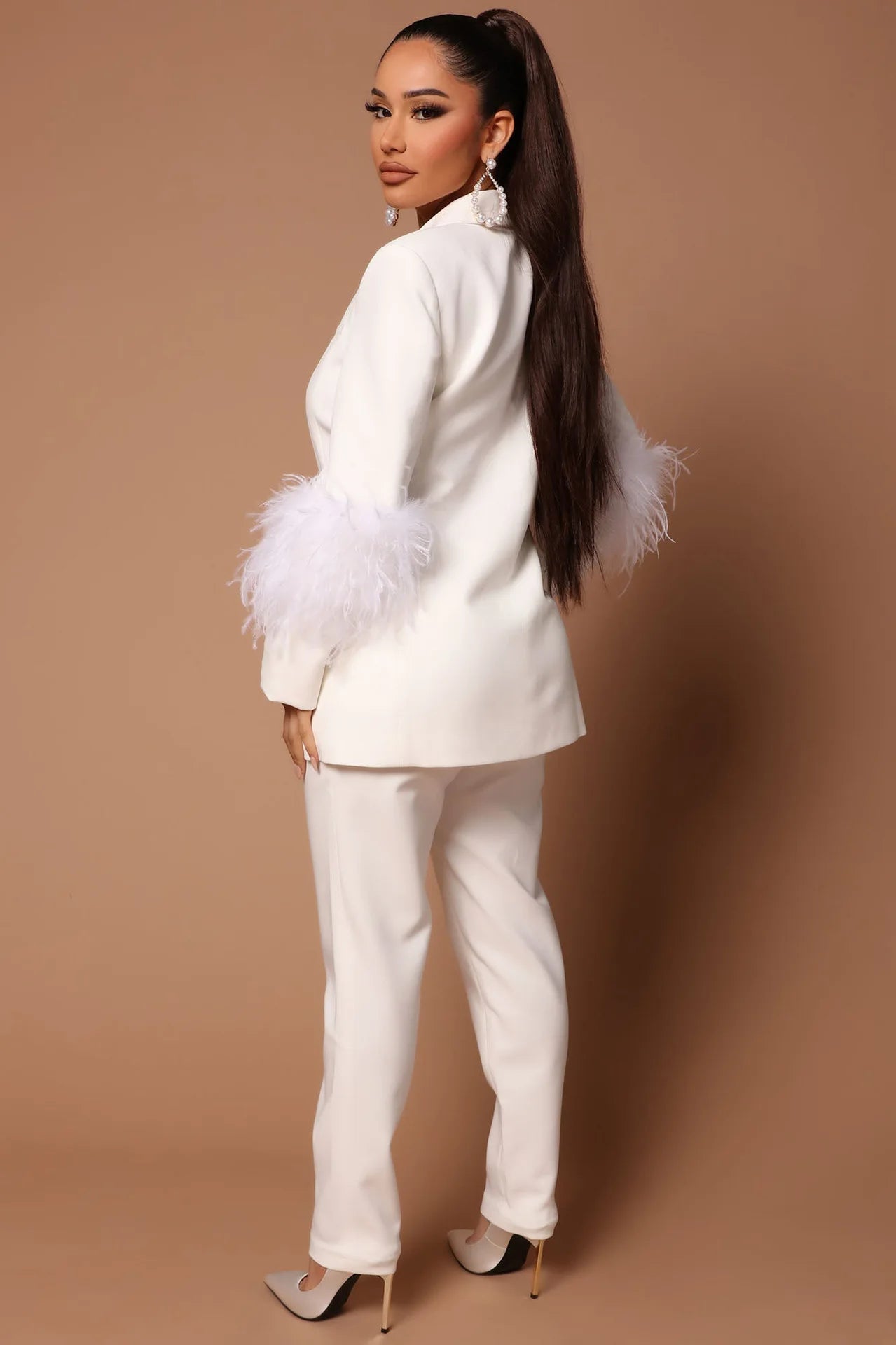 CM.YAYA Vintage Women Fur Hem Long Sleeve Blazer Suit and Pants 2023 Chic OL Fashion Two 2 Piece Set Outfits Basic Tracksuit