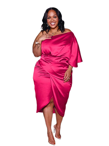 Plus Size Women Clothing One Shoulder Wedding Dress Big Lady Elegant Satin Short Dress Dresses 5xl Wholesale Bulk Dropshipping