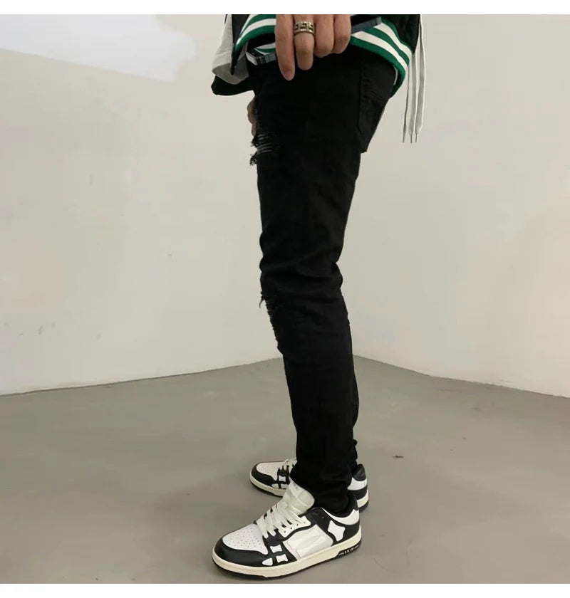 High street fashion new men's black jeans stretch slim fit retro washed leather patch jeans hip-hop brand designer pants Hombre