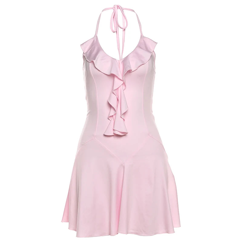 Nibber Halter Ruffles V-Neck Dress Women Backless Elegant Sexy Summer Fashion V-Neck Solid Birthday Party Clubwear Mini Bodycon