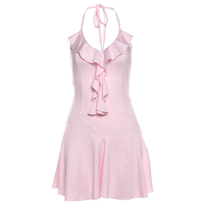 Nibber Halter Ruffles V-Neck Dress Women Backless Elegant Sexy Summer Fashion V-Neck Solid Birthday Party Clubwear Mini Bodycon