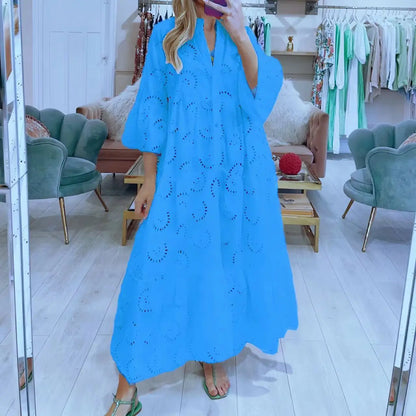 Dresses for Dresses Spring Summer Shirt Dress 2024 White dresses V-Neck Flared Sleeves Lace Hollow Solid Color Sexy Long Dresses