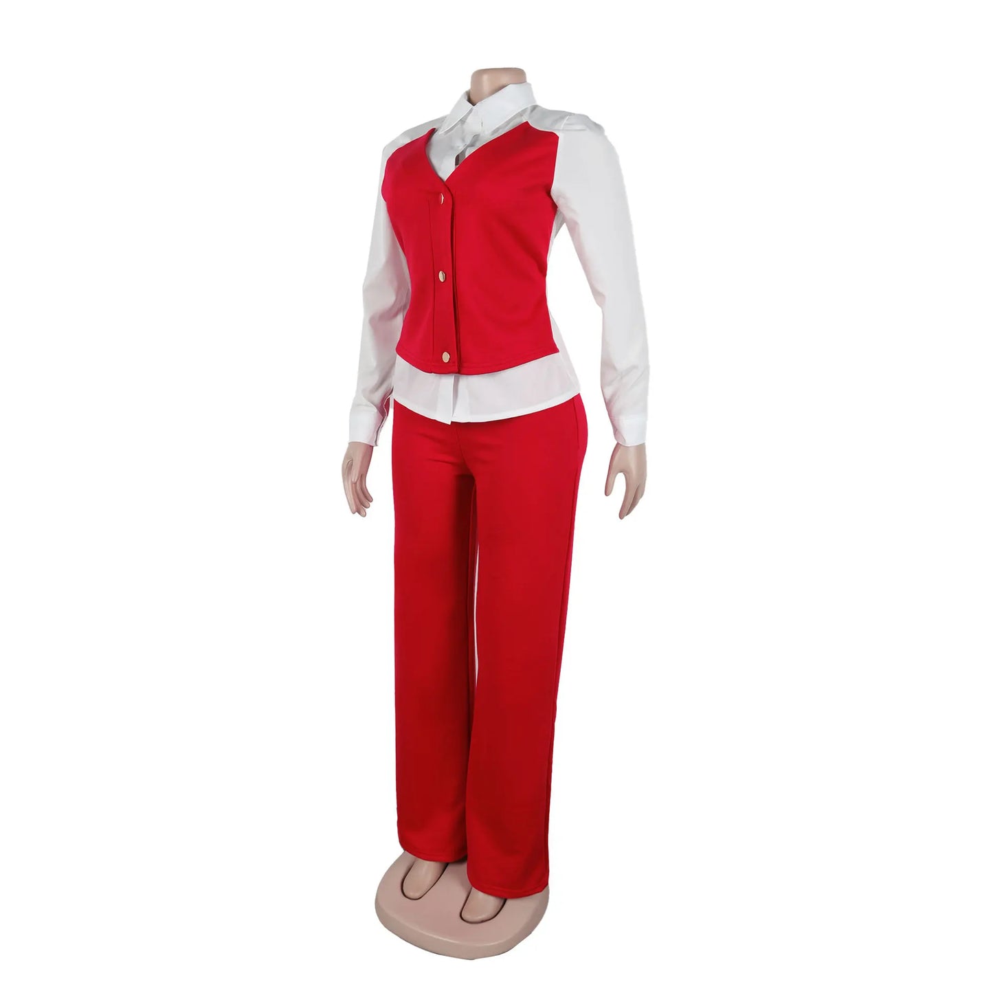 HLJ Elegant Lady Patchwork Shirts Two Piece Sets Women Lapel Long Sleeve Button Top And Pants Outfits Autumn OL 2pcs Clothing