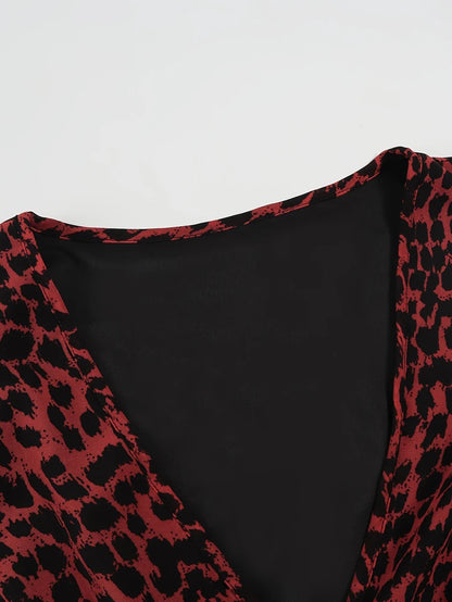 Plus Size 2025 Spring Summer New Women's Sheer Jaguar Printed Double Layers Long Sleeve Dress Polyester Material
