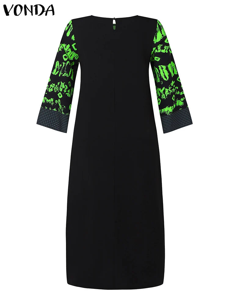 VONDA Women Printed Dress 2024 Vintage Maxi Long Dress Autumn Patchwork Sundress Fashion Elegant Party Vestidos Femme Robe Baggy
