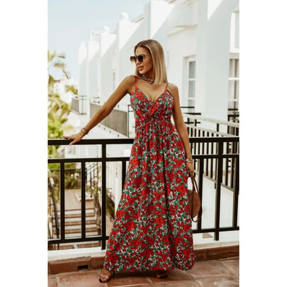 Spring Summer Elegant Women Corset Bohemian Dress Sexy New 2024 Fashion Strap V Neck High Waist Print Long Vacation Dress