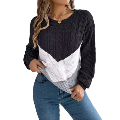 New Autumn Winter Color-blocking Lantern Sleeve Fashion Knitted Pullover Sweater Jersey Invierno Mujer Sweaters Womens Top Femme