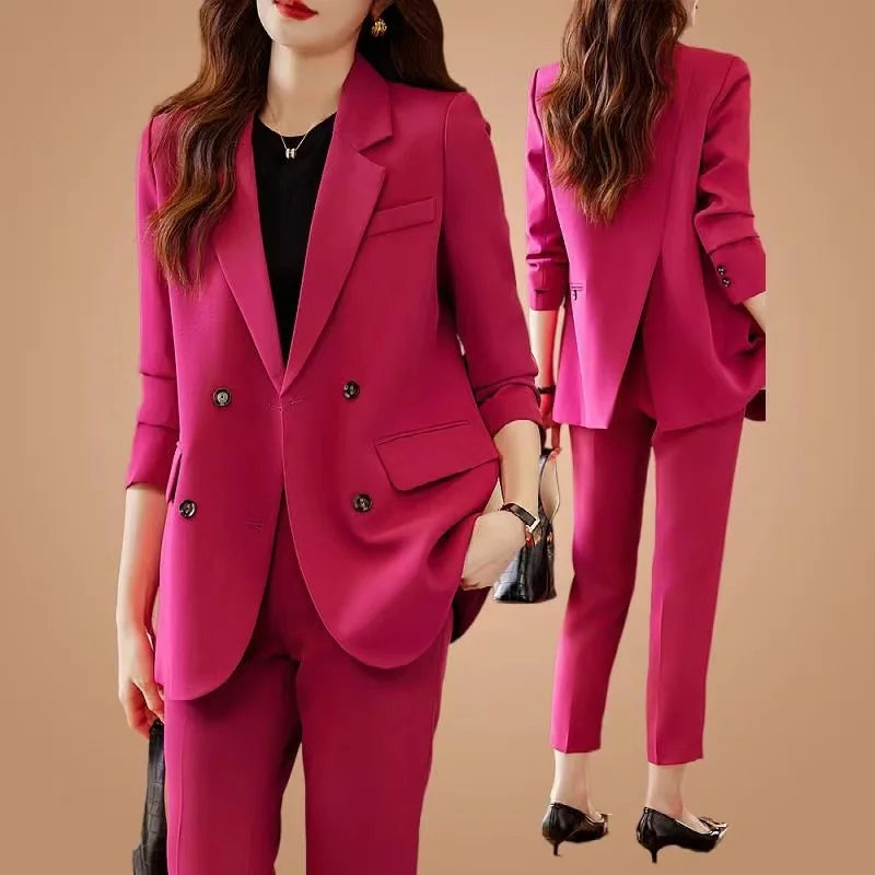 Two-Piece Suit Set in Raspberry Casual Sle for Women Long Sve Profional Pantsuit Polyester Fiber 00%