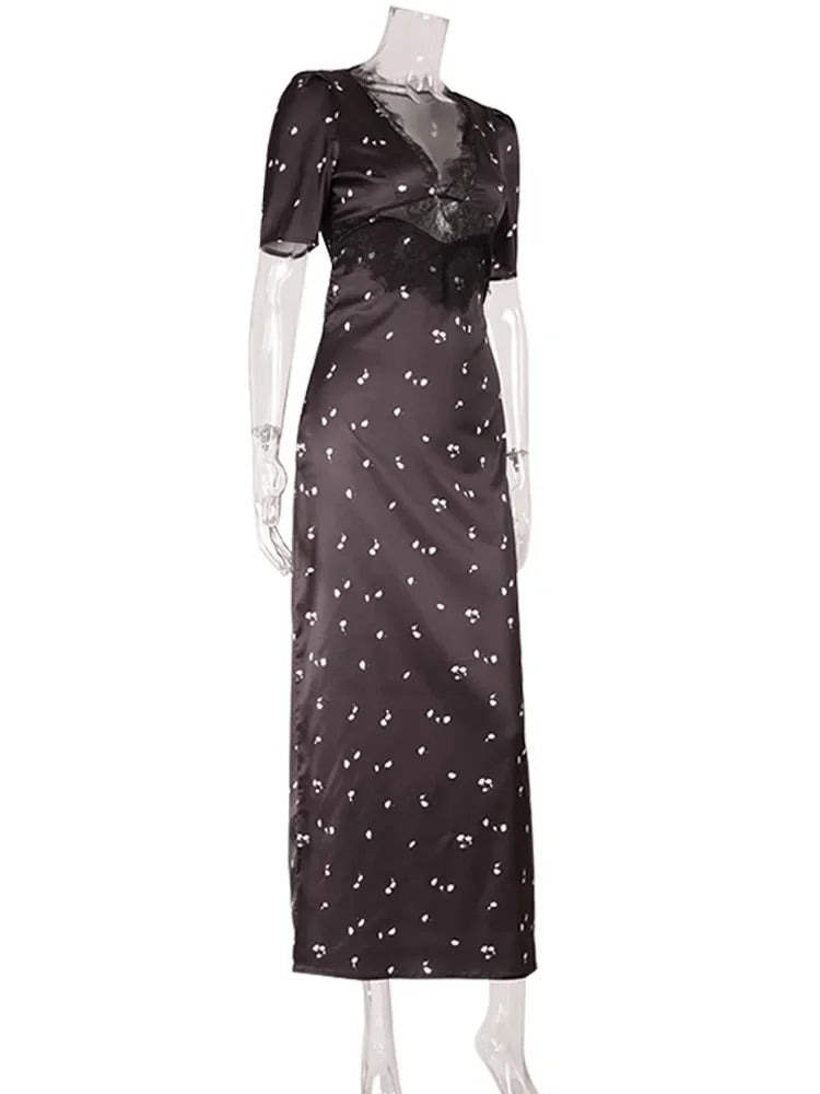 Eelgant Dresses For Women Patchwork Lace Floral V-Neck Short Sleeves Slim Fit Bodycon Trend Sheath Femlae Vestidos Robes