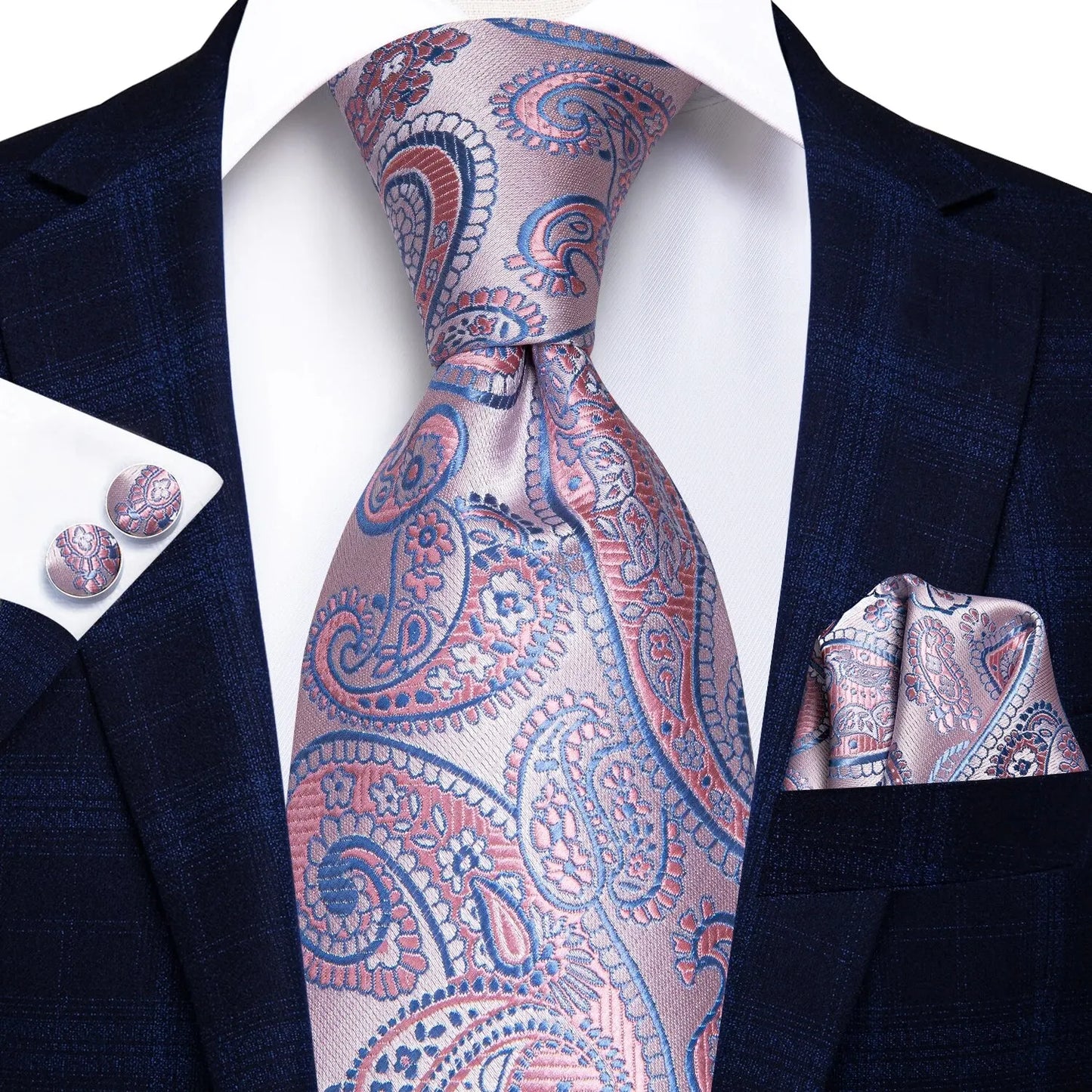 Hi-Tie Peacock Blue Novelty Designer Silk Wedding Tie For Men Hanky Cufflinks Gift Mens Fashion Necktie Set Business Party