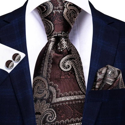 Hi-Tie Paisley Brown Tie For Men Elegant Mens Necktie Pocket Square Cufflink Groom Wedding Accessory Wholesale New Designer