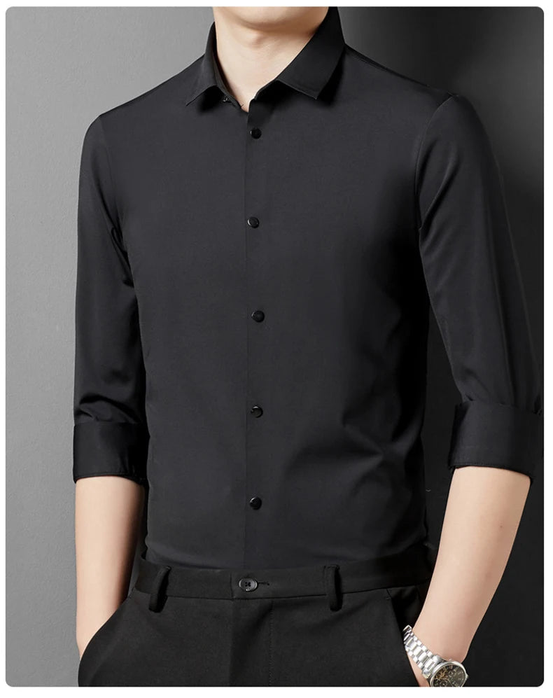 Men's High Quality Solid High Elasticity Seamless Comfortable Long Sleeve Shirts Slim Social Casual Business Formal Dress Shirt