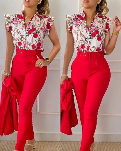 Elegant Women Printed Two Piece Suit Sets Spring Autumn V Neck Short Sleeve Shirt Top & Long Pants Set With Belt Workwear Outfit