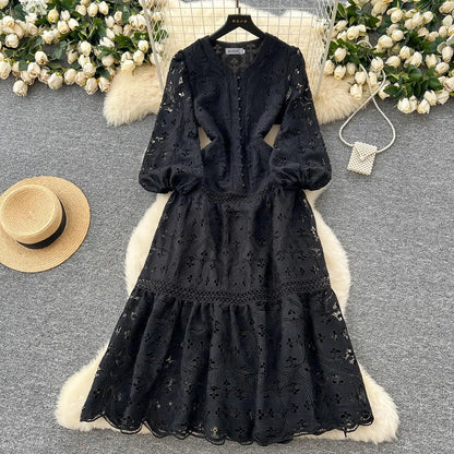 Spring French Vacation Fashion Dress Women Buttons Hook Flower Hollow Out Design 2025 High Quality Lace Ruffles Long Dress