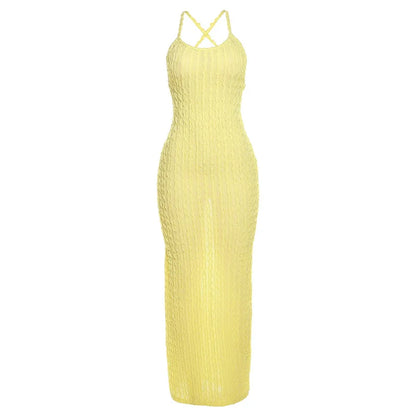 ANJAMANOR Halter Backless Maxi Summer Dresses for Women 2023 Sexy Beach Vacation Outfits Yellow Frilled Slit Long Dress D96-BH26