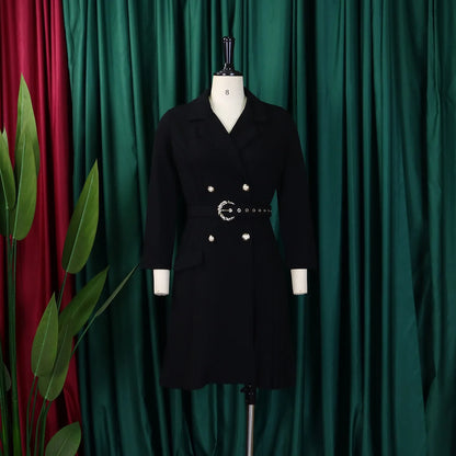 Elegant Dresses for Woman 2024 Autumn Winter New Trends Notched Collar Full Sleeve Sashes Pleated Mid Calf Solid Fashion Dress