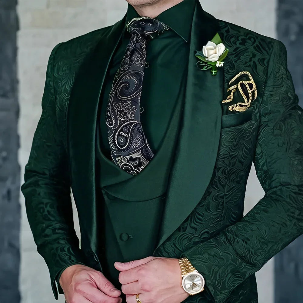 Jacquard Men's 3-piece Suit Set Formal Party Dress Groom Tuxedo High Quality Elegant Men Terno Masculino  Costume Homme Mariage