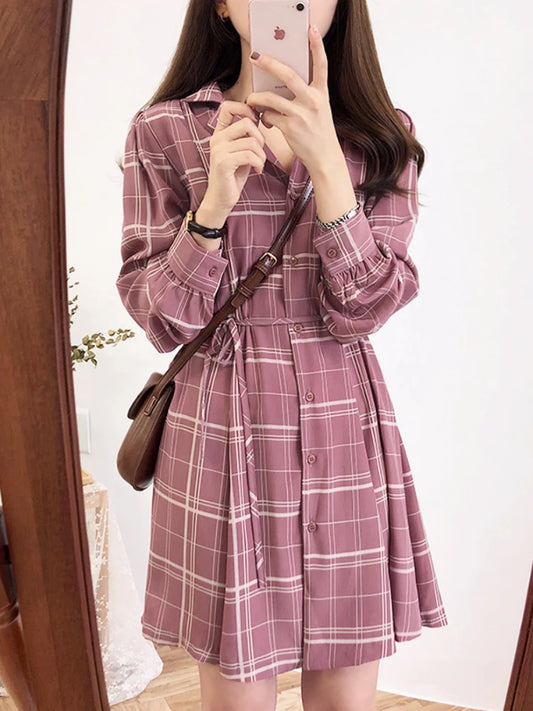 2023 Spring Summer Basic Dresses Hot Women Fashion Long Sleeve Cute Preppy Style Red Plaid Shirt Dress Bow Tie Vintage Dress
