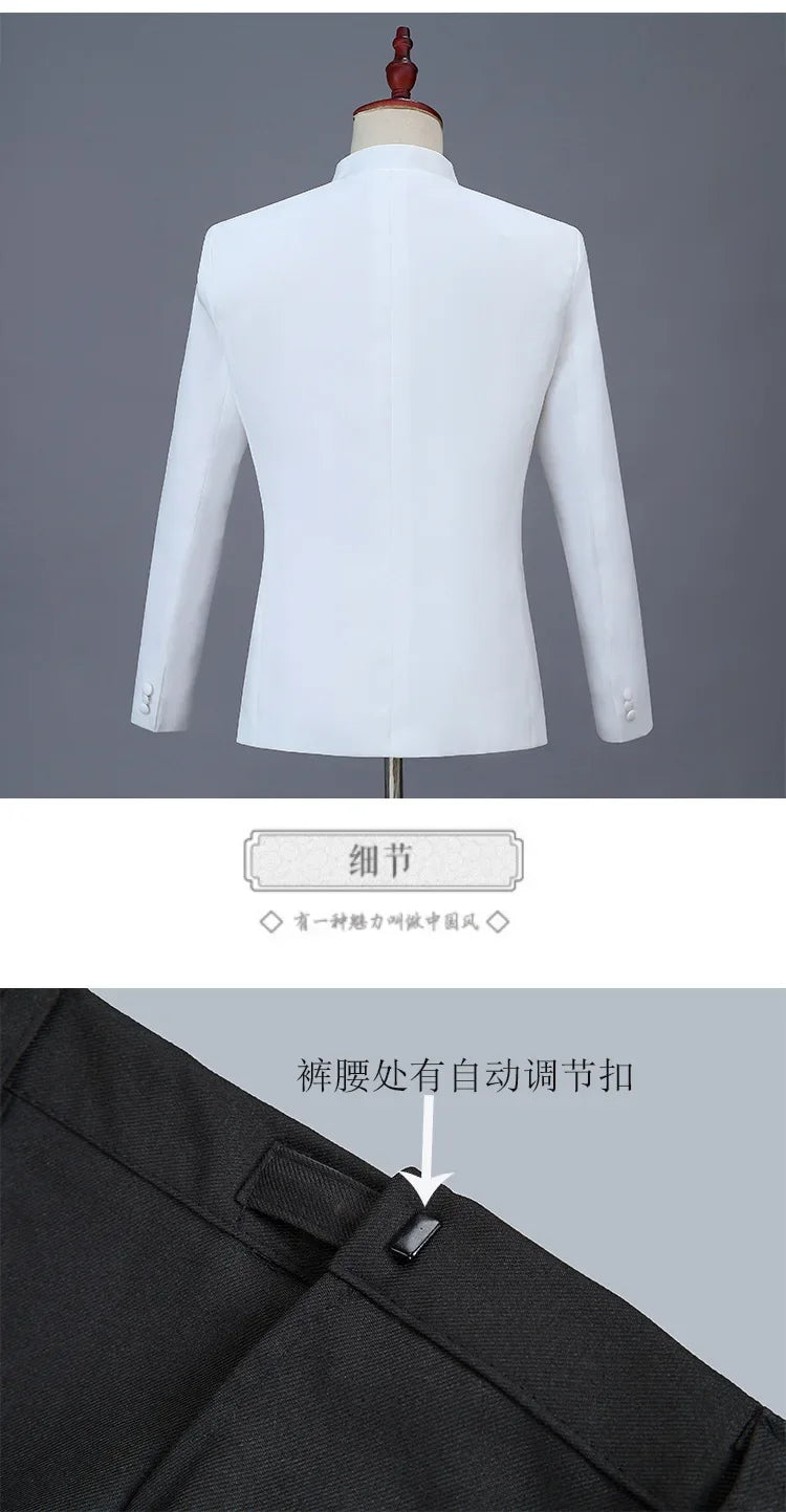 New Men Stand Collar Embroidery Suit 2 Piece Black / White / Red Fashion Male Stage Party Perform Blazer and Trousers