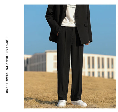Spring Summer Men Suit Pants Wide Leg Long Drape Trousers Fashion Streetwear Clothing Solid Stretch Waist Oversize Pants Black