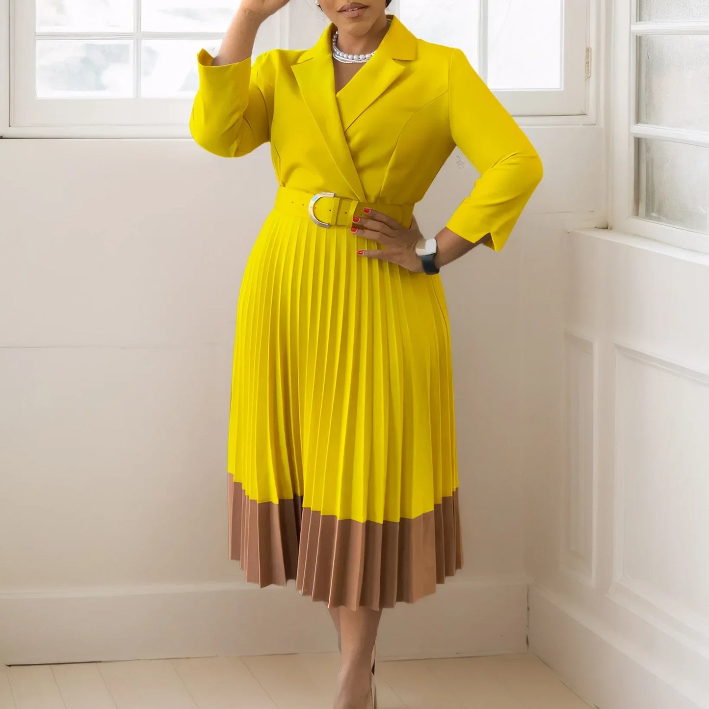 CM.YAYA Fashion Full Sleeve Notched Neck Solid High Waist Belt Dress Women Autumn Office Lady Pleated Long Africa Midi Dresses