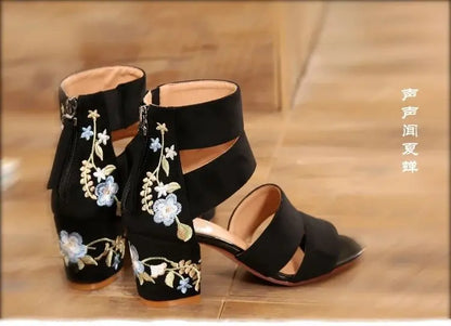 Ethnic Style Embroidered Mid-heel Sandals,  Summer Casual Thick Heels Elegant Vintage Open-toed Embroidered Shoes, Women's Shoes