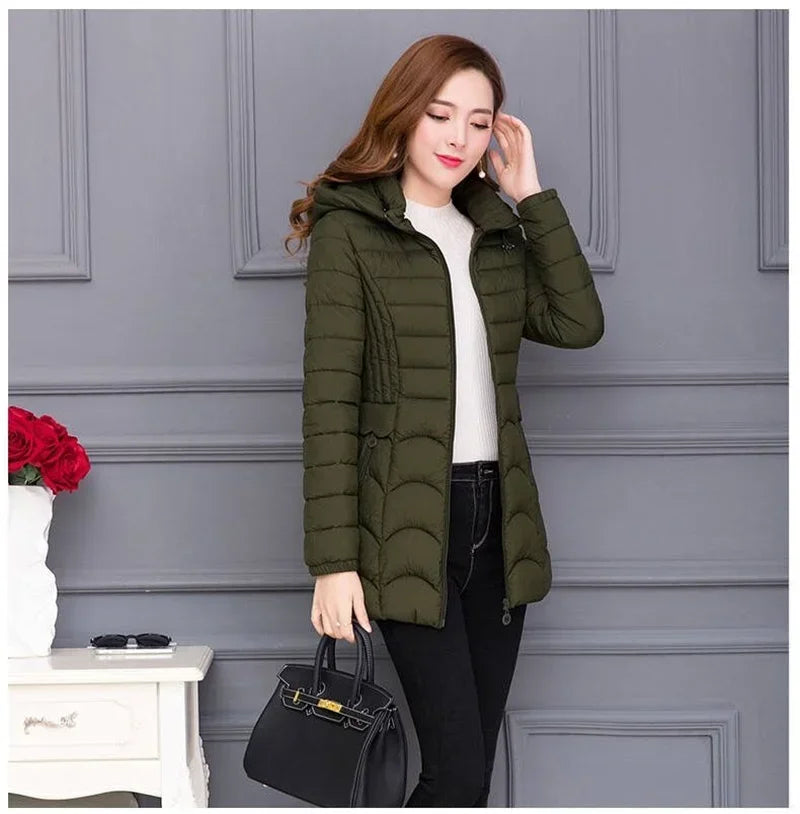 2024Fashion Middle Age Mother Slim Down Cotton Hooded Jacket Plus Size Casual Solid WarmThick Outwear Parka Winter Coat Women