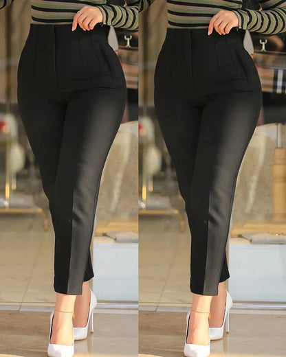 Women Pants High Waist Solid Pockets Pencil Pants Ankle Length Slim Fit Office Lady Zipper Flat Summer 2024 Slight Strech
