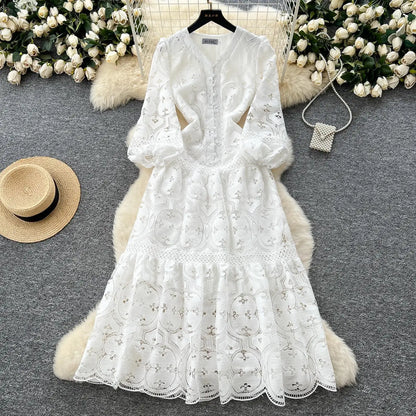 Spring French Vacation Fashion Dress Women Buttons Hook Flower Hollow Out Design 2025 High Quality Lace Ruffles Long Dress